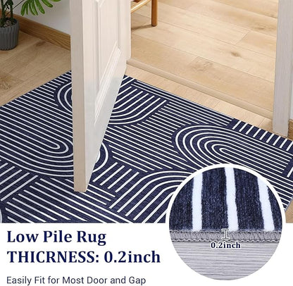 ROYHOME Washable Rug 9x12 Area Rugs for Living Room, Abstract Rug for Bedroom, Soft Rainbow Non Slip Throw Rugs with Rubber Back, Low Pile Stain Resistant Boho Geometric Carpet for Dining Room, Blue