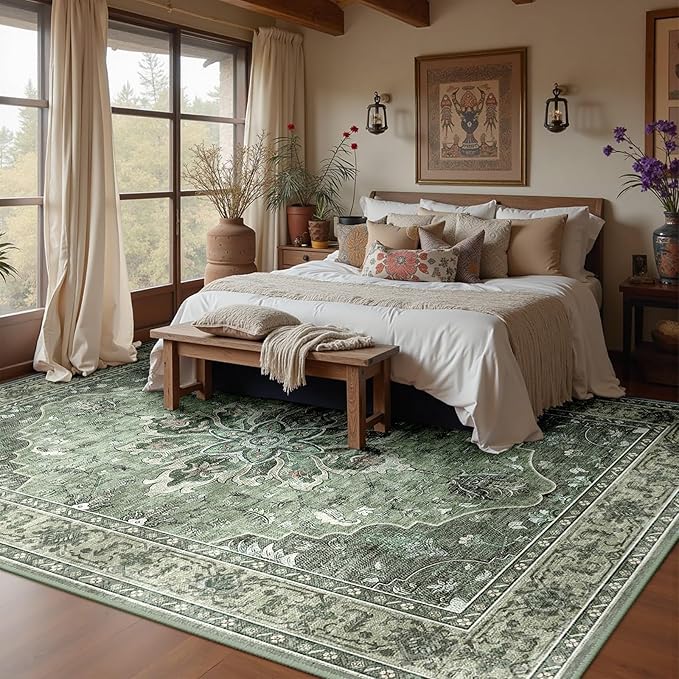 RELEANY Area Rugs 5'x8' Washable Non-Slip, Floral Vintage Distress Print Pattern Medallion Carpet for Living Room Bedroom Dining Room, Dark Green Gray