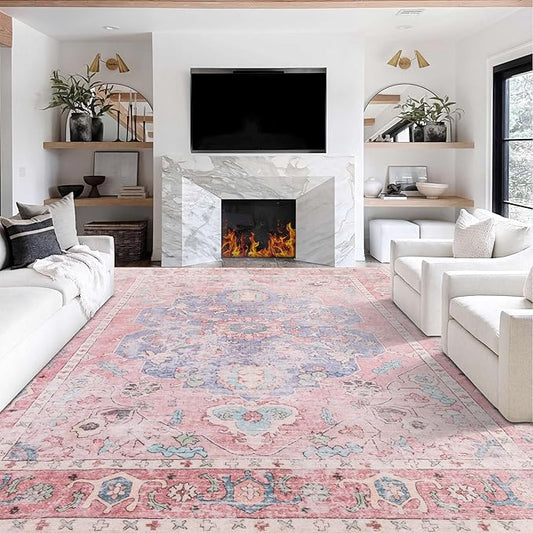 Sofrug 9x12 Area Rug - Medallion Honeycomb Non Slip Backing Area Rugs Ocean Pink Mixed Faux Wool Foldable Foldable & Machine Washable Area Rugs for Living Room Bedroom Dining Room Home Office