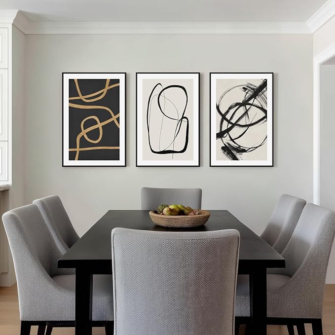 SAFERRYHOME Abstract Graffiti Black and White Wall Art Black and Gold Framed Canvas Print Set, Mid-Century Modern Geometric Sketches Lines for Living Room, Bedroom, Office - 3 Panels 16x24 Inch