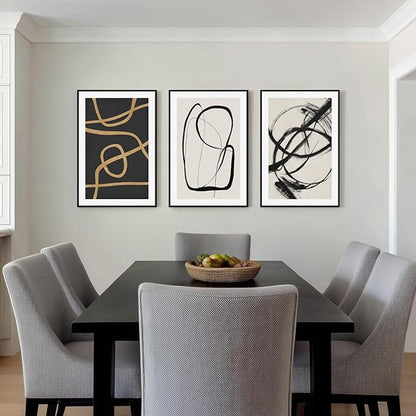 SAFERRYHOME Abstract Graffiti Black and White Wall Art Black and Gold Framed Canvas Print Set, Mid-Century Modern Geometric Sketches Lines for Living Room, Bedroom, Office - 3 Panels 16x24 Inch