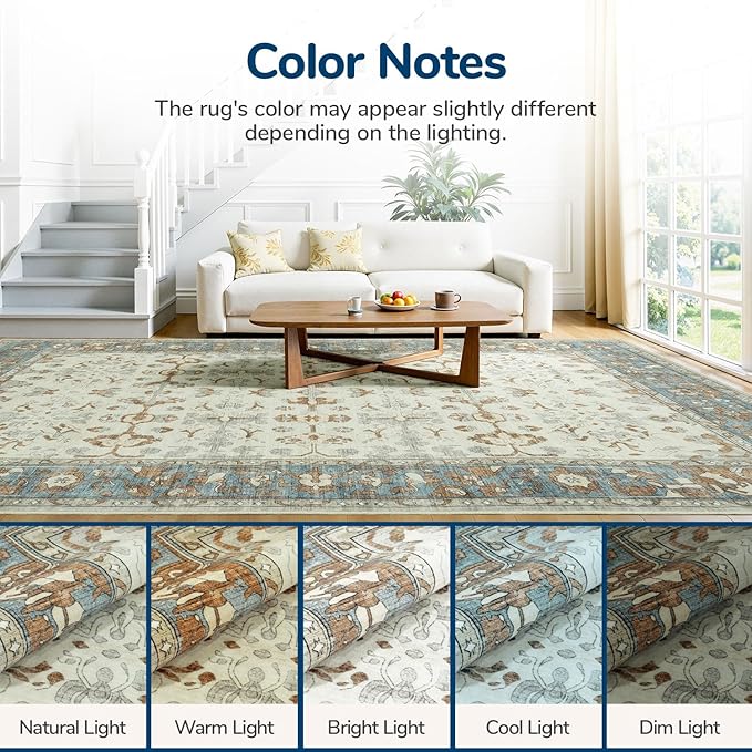 Lessymo Washable Area Rug for Living Room,8x10 Large Rugs with Non-Slip Backing,Soft Boho Carpets for Bedroom Dining Room Nursery Home Office,Light Brow