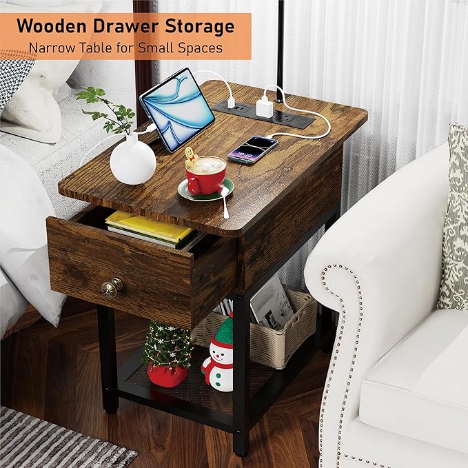 runjuly Floor Lamp with Table, Side Table with Lamp Attached, Narrow End Table with LED Lights and Charging Station, Nightstand with Wood Drawer for Living Room, Bedroom, Rustic Brown
