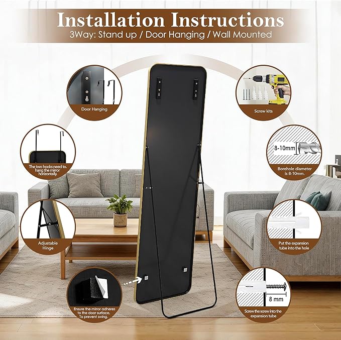 NARCISSUS 57x16 Mirror Door Hanging Full Length Body with Floor Stand or Wall Mounted Metal Aluminum Frame Tempered Glass Rectangle Mirrors for Bedroom Dressing Living Room Bathroom 57 inch Gold