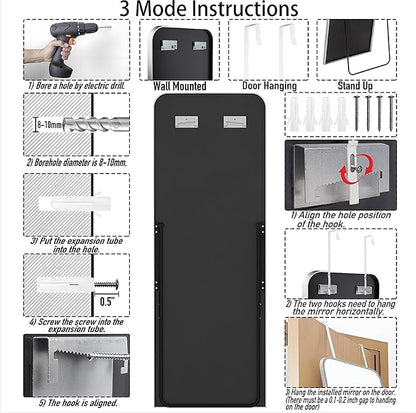 SCWF-GZ 57x20 Door Hanging Full Length Mirror, Floor (Height 5.7ft just Body in 1.3ft) or Wall Mounted Metal Frame Rectangle Dressing Mirrors for Bedroom Bathroom Living Room 57 inch Silver