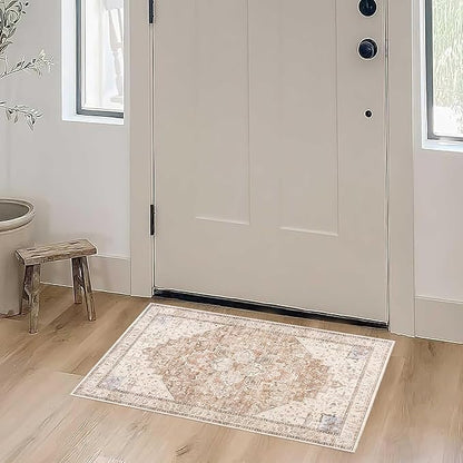 Small Area Rug 2x3, Non Slip Neutral Farmhouse Persian Washable Entryway Rug Indoor, Tan Beige and Light Brown Rust Pattern