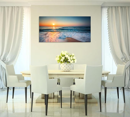 TutuBeer 1 Panel Beach Pictures Wall Art Blue Sea White Beach at Sunrise Pictures Print on Canvas Sea Wall Decor Seascape Paintings for Home Decor Stretched and Framed Easy to Hang 16x32 inch