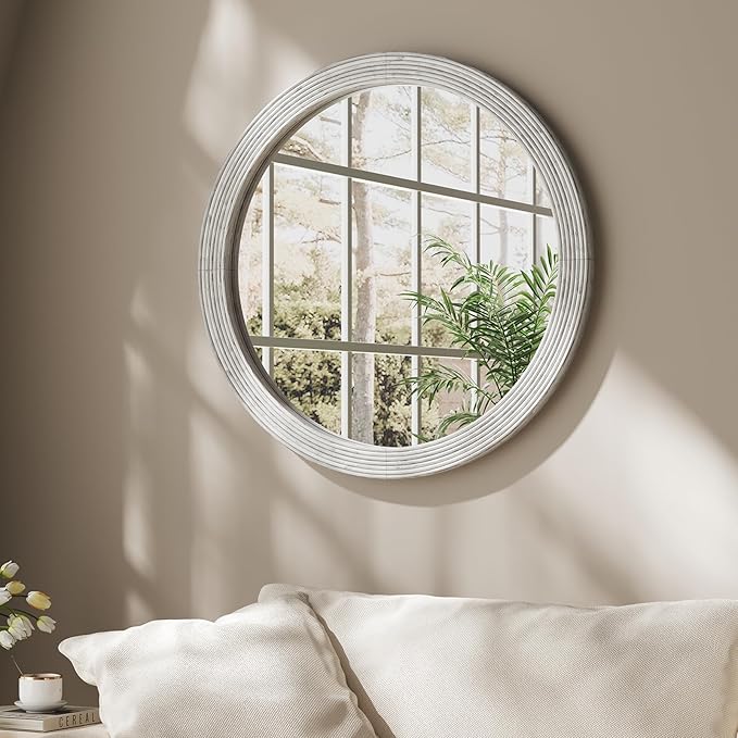 ULIKE Round Mirror for Bathroom 30x 30 Inch, Farmhouse Rustic Wood Frame Wall Mirror, White Vanity Circle Mirror for Bedroom Living Room Entryway Decor