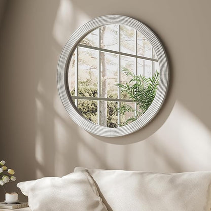 ULIKE Round Mirror for Bathroom 30x 30 Inch, Farmhouse Rustic Wood Frame Wall Mirror, White Vanity Circle Mirror for Bedroom Living Room Entryway Decor