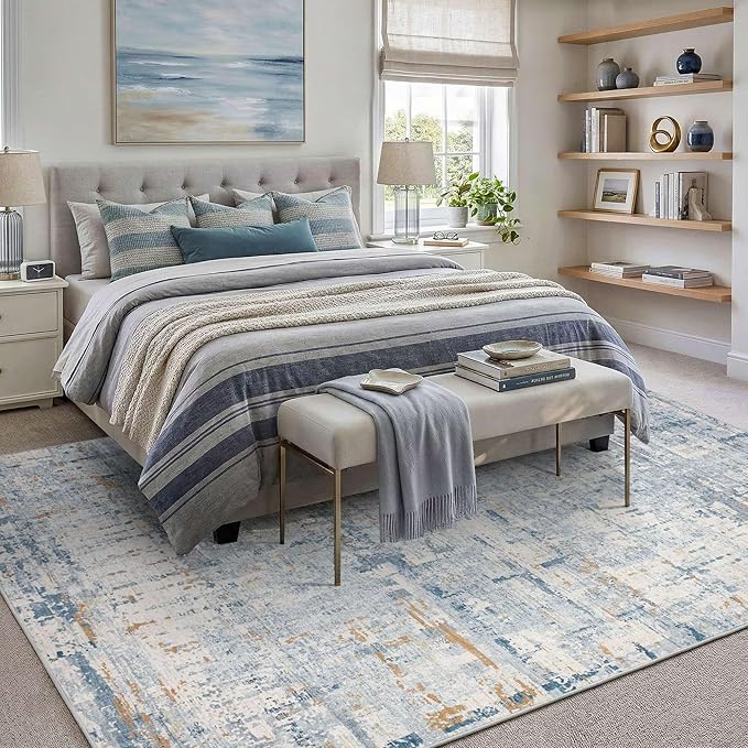 Rugxara 6x9 Washable Area Rug for Living Room, Modern Abstract Large Boho Rugs for Office, Dining Room, Kids Room, Farmhouse, Durable Low Pile Non Slip Carpet for High Traffic Areas, Blue Beige