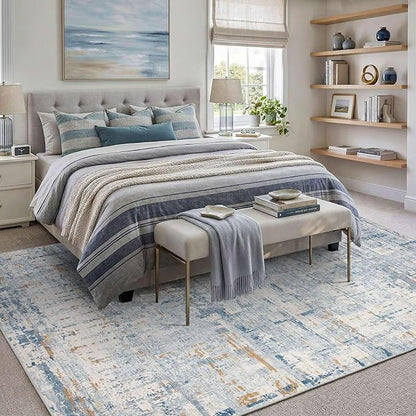 Rugxara 6x9 Washable Area Rug for Living Room, Modern Abstract Large Boho Rugs for Office, Dining Room, Kids Room, Farmhouse, Durable Low Pile Non Slip Carpet for High Traffic Areas, Blue Beige