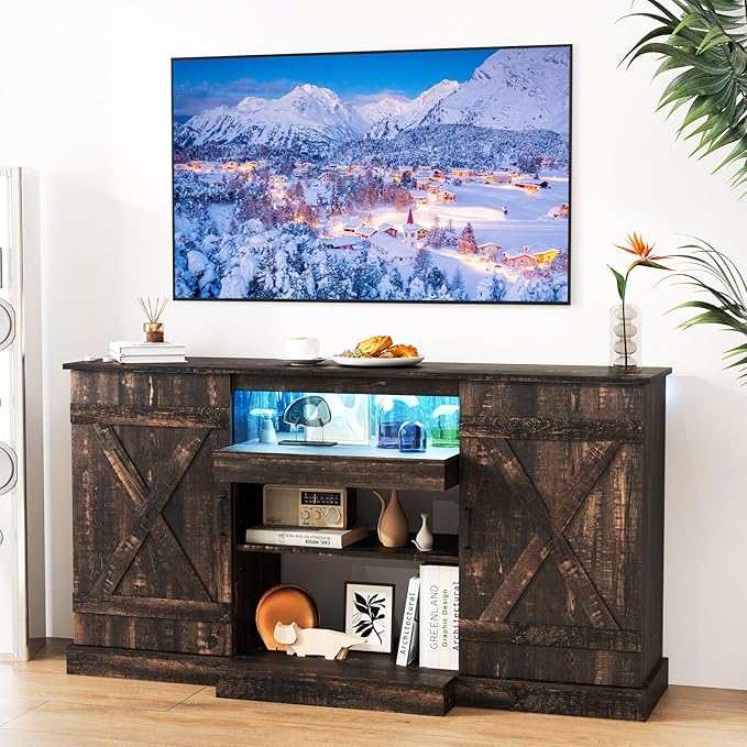 Tangkula 58”L Farmhouse LED TV Stand for TV up to 65 Inch, 32”H Tall Entertainment Center with 20 Color Led Lights, Media Console Table with Cubbies & Cabinets, Large Storage Cabinet for Living Room