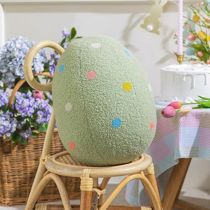 Ashler Egg Shaped Throw Pillow, Spring Home Decor, Teddy Fabric Decorative Cushion with Colorful Polka Dots Embroidery, Soft Pillow for Bedroom Living Room Couch, 14x11 in
