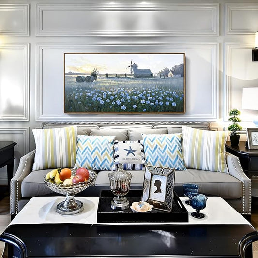 Large Framed Modern Canvas Wall Art, Natural Rural Farm Print Picture, Blue Windmill Flower Field Landscape Art Decor For Living Room, Bedroom, Dining Room, And Kitchen. 48X24 Inches.