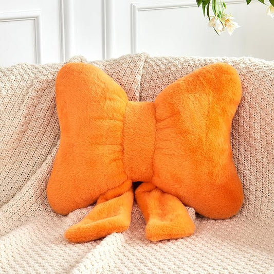XVTRU Bow Pillow, Soft Bow Decorative Pillows with Faux Rabbit Fur, Cute Bow Throw Pillows, Aesthetic Home Decor Bow Shaped Plush Pillow for Bedroom Sofa Couch (Orange, Small-12 Inch)