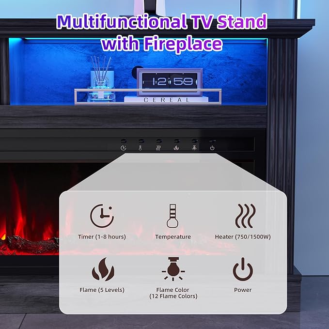 58" Fireplace TV Stand, TV Stand with 52" Fireplace, LED Light Entertainment Center with Storage Cabinets, Modern Media TV Console TV Table for Living Room, Black