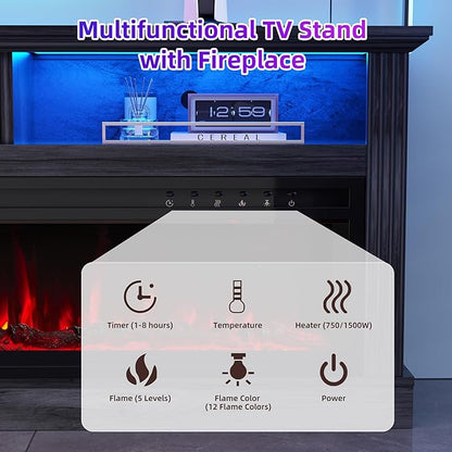 58" Fireplace TV Stand, TV Stand with 52" Fireplace, LED Light Entertainment Center with Storage Cabinets, Modern Media TV Console TV Table for Living Room, Black