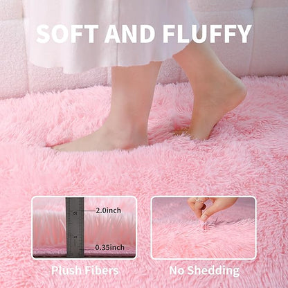 KICHOWUA Area Rug 5x7 Pink Fluffy Shag – Ultra Soft Plush Fuzzy Washable Thickened Non-Slip Fuzzy Carpet for Girls Bedroom Living Room, Modern Furry Shaggy Rug for Kids Nursery Boys Dorm Room