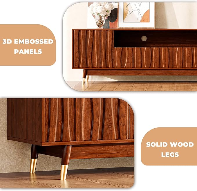 102" Walnut Finish Entertainment Center for 32/43/55 inch TV, Included 55.1'' TV Stand and 2 Glass Display Cabinet, 3-Piece Brown Mid Century Modern Wood Media Console for Living Room