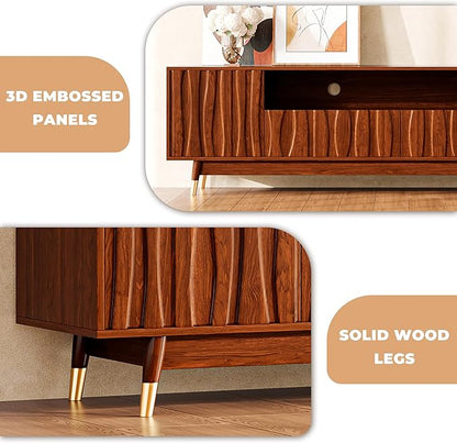 102" Walnut Finish Entertainment Center for 32/43/55 inch TV, Included 55.1'' TV Stand and 2 Glass Display Cabinet, 3-Piece Brown Mid Century Modern Wood Media Console for Living Room