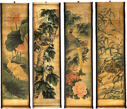 CIFIBIFUN Wall Asia Art Prints Posters Painting Plant Flower Vintage Style,4 Panels Old Paper Scroll, Home Walls Decor (Super Old Aging Paper, B Plants Birds)