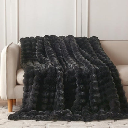 COOVA Faux Fur Throw Blanket for Couch, Cozy Soft and Fuzzy Plush Rabbit Fur Bubble Blanket for Sofa Bedroom Living Room, 60x80 Inches Black