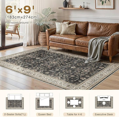 Area Rug for Living Room - 6x9 Soft Washable Oriental Vintage Floral Distressed Large Carpet - Fade Stain Resistant Non Slip Rugs for Bedroom Dining Room Nursery Dorm Office Home Decor - Black