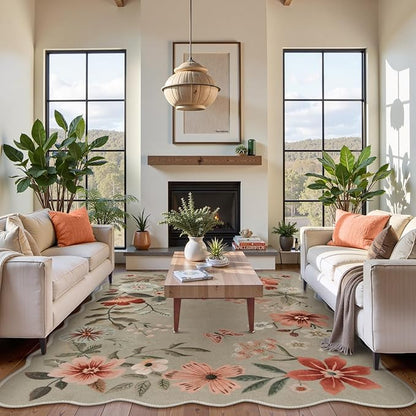 Lahome Floral Washable Rugs 8x10, Non-Slip Soft Bedroom Rug Stain Resistant, Ultra-Thin 8x10 Rugs for Living Room Boho Rug Accent Carpet for Dining Room Office Flore (8x10ft,Brown)
