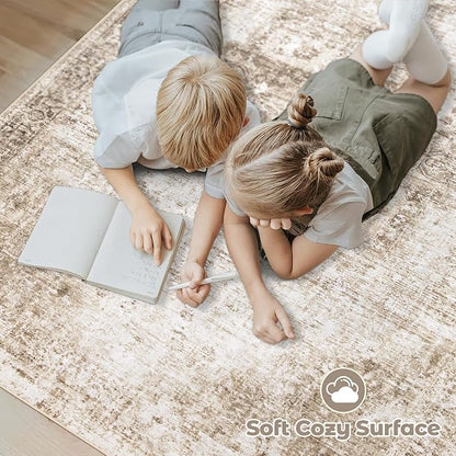 Area Rug 4x6 Washable Rug, Vintage Boho Medallion Rugs Non-Slip Soft Low Pile Distressed Rug Indoor Retro Carpet for Living Room Bedroom Dining Room Home Office (Brown, 4'x6')