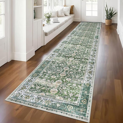 KUTA Vintage Long Runners for Hallways, 2.6x12 Green Washable Non-Slip Kitchen Rugs Ultra Thin Soft Printed Distressed Oriental Floral Floor Carpet for Laundry Bedroom Living Room Nursery