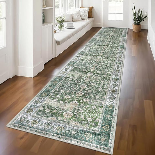 KUTA Vintage Long Runners for Hallways, 2.6x12 Green Washable Non-Slip Kitchen Rugs Ultra Thin Soft Printed Distressed Oriental Floral Floor Carpet for Laundry Bedroom Living Room Nursery
