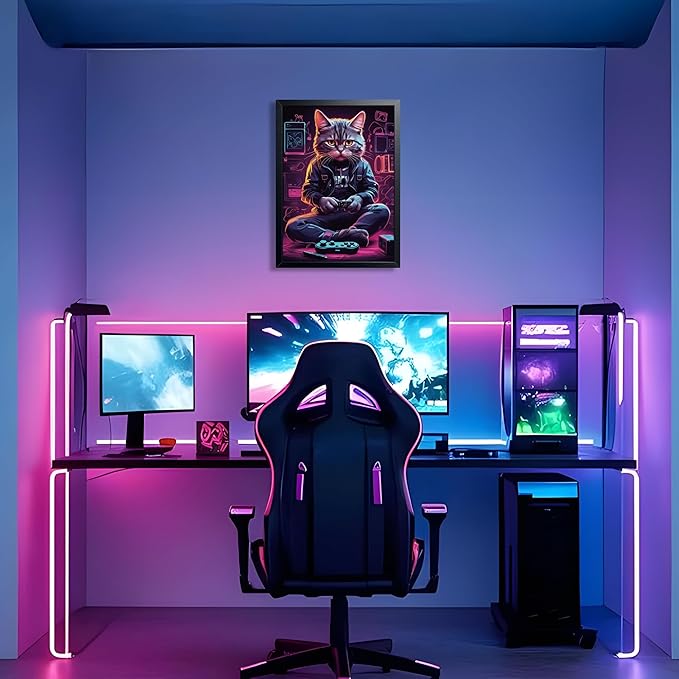 Framed Gamer Cat Canvas Wall Art, Kitten Playing Video Game Wall Decor, Cool Controller Neon Oil Painting, Boys Bedroom Gaming Room Canvas Print Poster 8x10 Inch