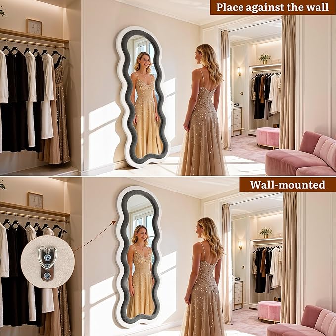 Wavy Full Length Mirror, 63"×24" Full Body Mirror with Stand, Irregular Flannel Floor Mirror Hanging or Leaning Wall for Living Room/Bedroom/Dressing Room/Dorm,Ideal for Mom