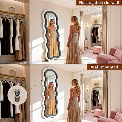 Wavy Full Length Mirror, 63"×24" Full Body Mirror with Stand, Irregular Flannel Floor Mirror Hanging or Leaning Wall for Living Room/Bedroom/Dressing Room/Dorm,Ideal for Mom