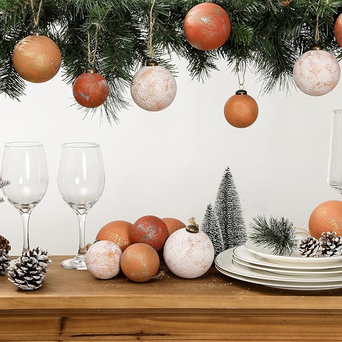 24Pcs 2.36'' Large Rustic Vintage Neutral Textured Farmhouse Brown 2025 Christmas Ornaments Ball for Christmas Tree Decor,Boho Orange Copper Hanging Xmas Ornaments Shatterproof Ball for Home Decor