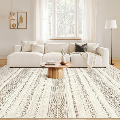 Nakagishi Area Rugs 8x10 Living Room: Washable Boho Large Neutral Soft Farmhouse Rug Stain Resistant Modern Geometric Non-Slip Indoor Floor Carpet for Bedroom Nursery Kids Playroom Office- Brown