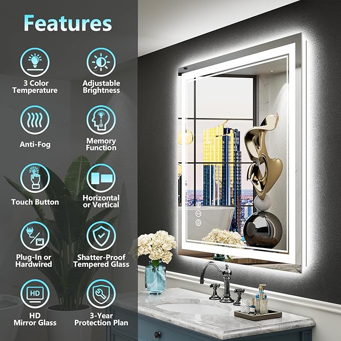 28x36 LED Bathroom Mirror with Lights, Backlit and Front Lit Anti-Fog Lighted Vanity Mirrors for Bathroom Wall, Dimmable, 3-Color Light, Memory, Shatter-Proof, HD Tempered Glass, CRI＞90