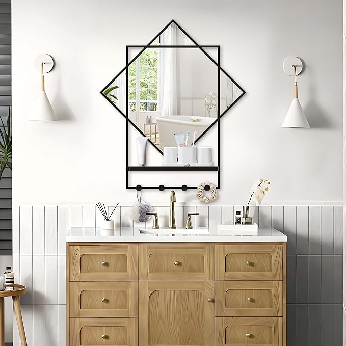 Black Entryway Mirror with Hooks, 26" X 30" Wall Mirror with Hooks, Bathroom Mirror with Shelf, Rectangular Framed Wall Mirror with Shelf and Hooks