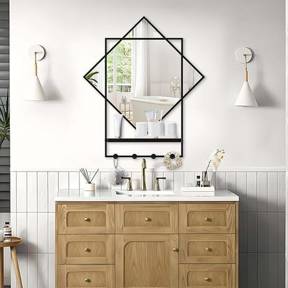 Black Entryway Mirror with Hooks, 26" X 30" Wall Mirror with Hooks, Bathroom Mirror with Shelf, Rectangular Framed Wall Mirror with Shelf and Hooks