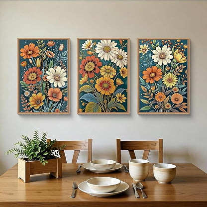 HOURIA Spring Boho Vintage Floral Framed Canvas Wall Art Set,Nordic Retro Colorful Wildflower & Green Leaves Wall Decor,Abstract Vibrant Bouquet Botanical Artwork for Living Room, Bedroom,Farmhouse-16"x24"x3