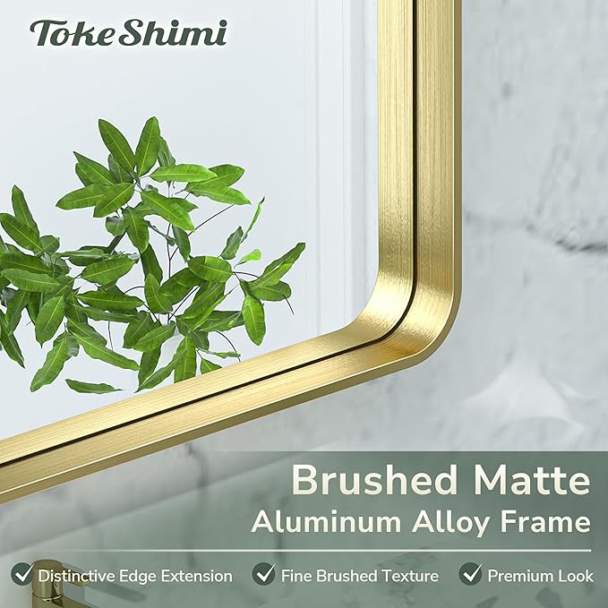 TokeShimi Gold Bathroom Mirror for Wall 40 x 30 Inch Rounded Corner Rectangle in Aluminum Alloy Metal Frame Deep Set Design Hangs Horizontal Or Vertical Farmhouse