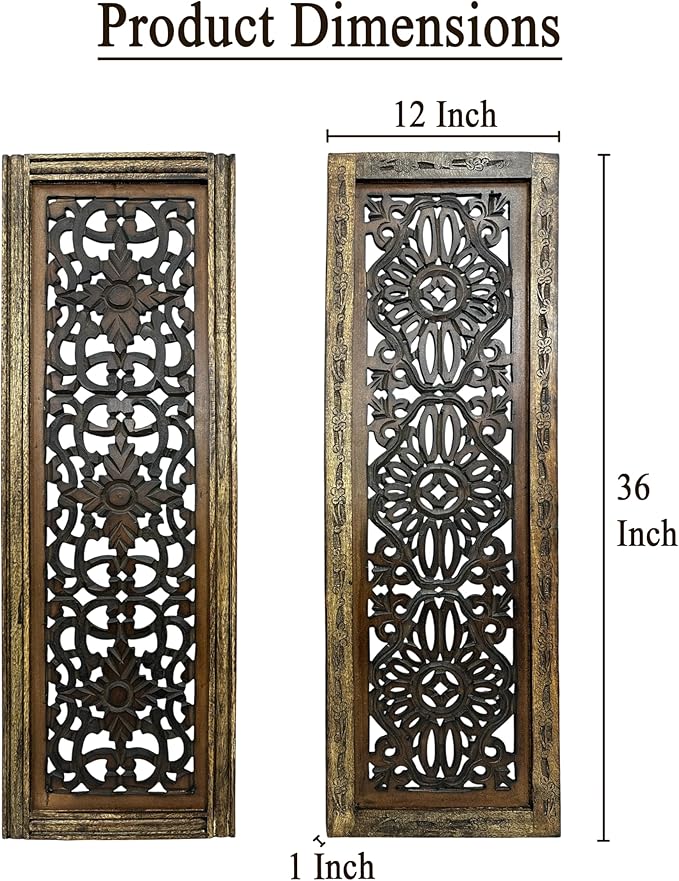 Floral Hand Carved Wooden Wall Panels Set of 2, Rustic Brown Decorative Wall Art for Living Room, Bedroom, Hallway & Home Décor, Vintage Rustic Finish Handmade Wooden Hanging Panels