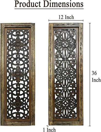 Floral Hand Carved Wooden Wall Panels Set of 2, Rustic Brown Decorative Wall Art for Living Room, Bedroom, Hallway & Home Décor, Vintage Rustic Finish Handmade Wooden Hanging Panels