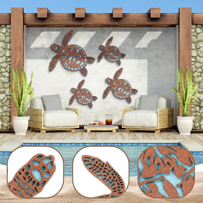Tatuo 4 Pcs Wooden Sea Turtle Wall Decor Summer Ocean Turtle Wall Art Beach Theme Vintage Coastal Hanging Decoration for Home Lake House Bathroom