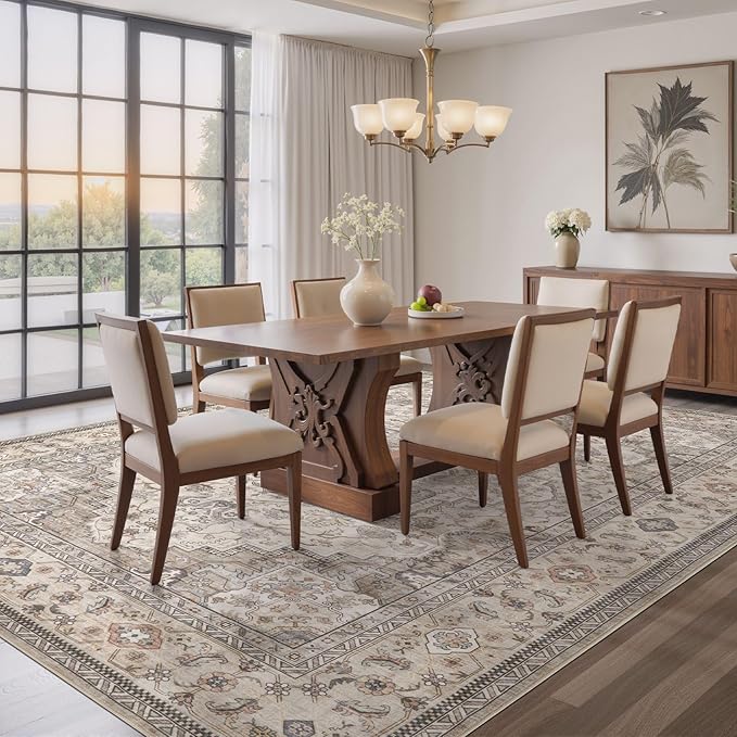 EIEIHOUSE Washable Area Rugs for Living Room -7x10 Neutral Vintage Distressed Floral Farmhouse Boho Large Soft Floor Rug Indoor Non Slip Carpet for Living Room Bedroom Dining Room Office-Brown/Multi