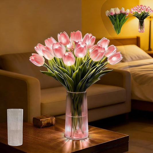 Radiant Romantic Tulip Light with Vase, 15 PCS Twinkling Tree Tulips LED Night Light Long-Lasting Brightness, Flower Shaped Ambient Night Lamp for Bedroom Bedside Decor & Gift (red)