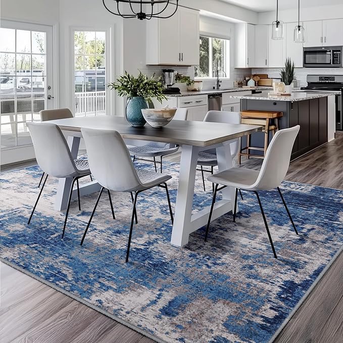 RELEANY Washable Area Rugs Square 7ft Non-Slip Modern Abstract Soft for Living Room Entryway Bedroom Nursery, Print Pattern, Blue Grey Navy Gray