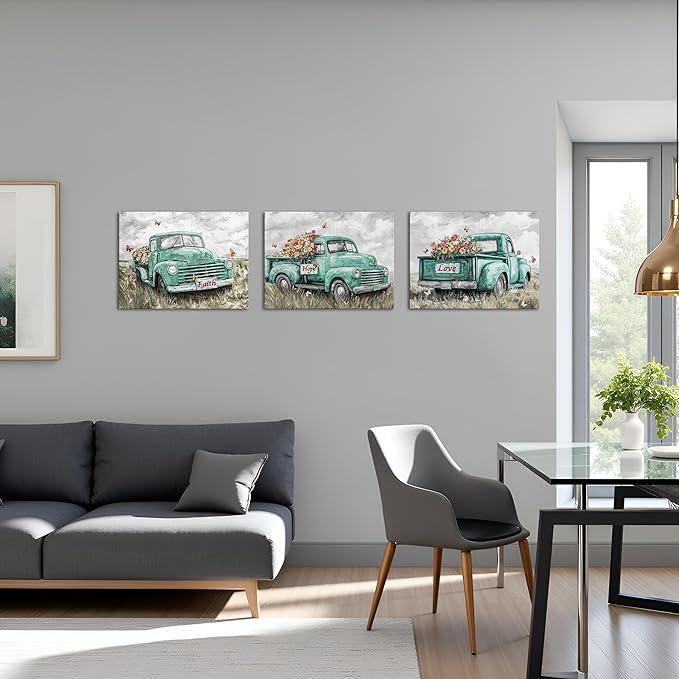 sechars Truck Wall Art Canvas Vintage Farmhouse Decor Faith Hope Love Floral Painting Prints (Green)