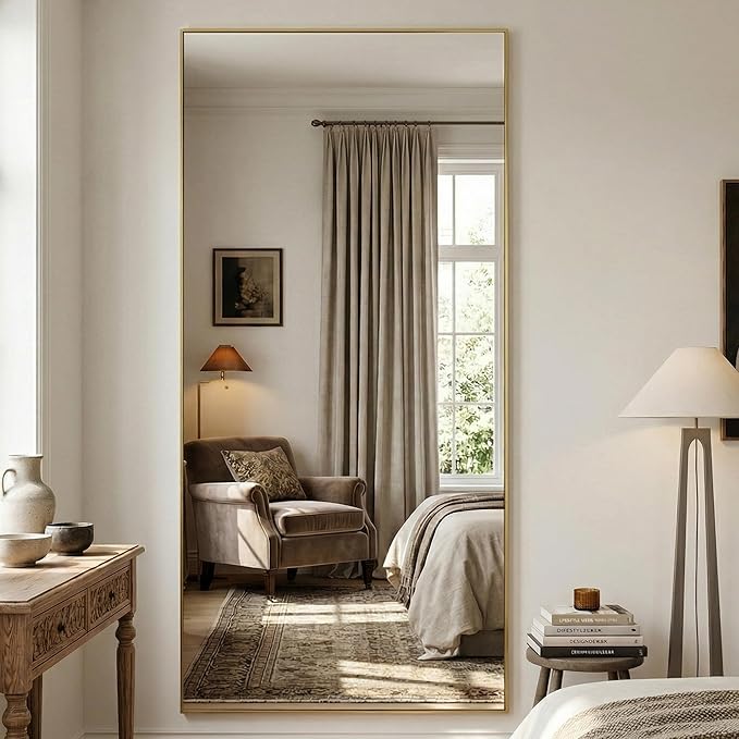 Antok 81''x41'' Full Length Mirror, Shatterproof HD Oversized Floor Mirror with Stand, Aluminum Alloy Frame Leaning Standing or Wall Mounted Mirror for Bedroom Living Room Entryway, Gold