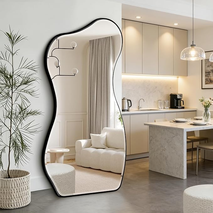 POZINO Large Irregular Beveled Mirror, 66.8"x33.5" Asymmetrical Full Length Mirror with Metal Frame, Premium Organic Aesthetic Floor Mirrors for Living Room Entryway Cloakroom, Leaning/Wall-Mount